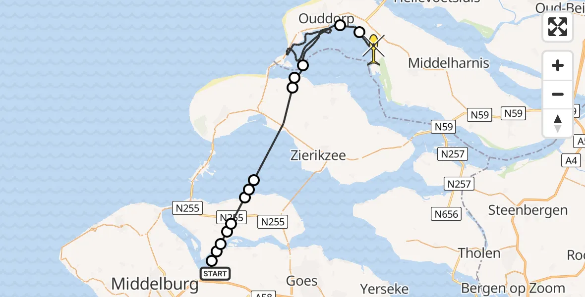 Routekaart van de vlucht: Kustwachthelikopter naar Stellendam, Schenge