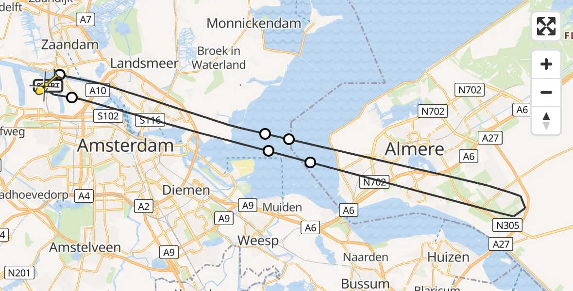 Routekaart van de vlucht: Lifeliner 1 naar Amsterdam Heliport, Kompasweg
