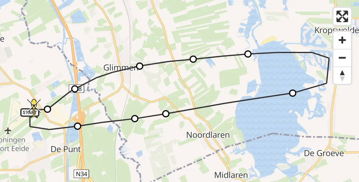 Routekaart van de vlucht: Lifeliner 4 naar Groningen Airport Eelde, Burgemeester J.G. Legroweg