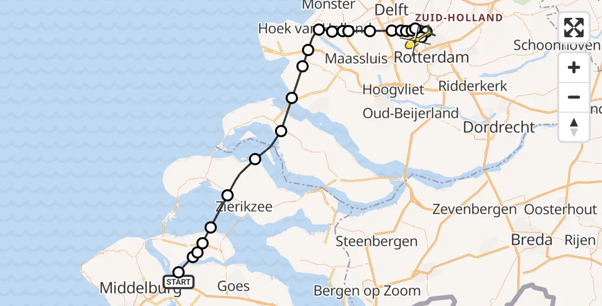 Routekaart van de vlucht: Kustwachthelikopter naar Rotterdam The Hague Airport, Schenge