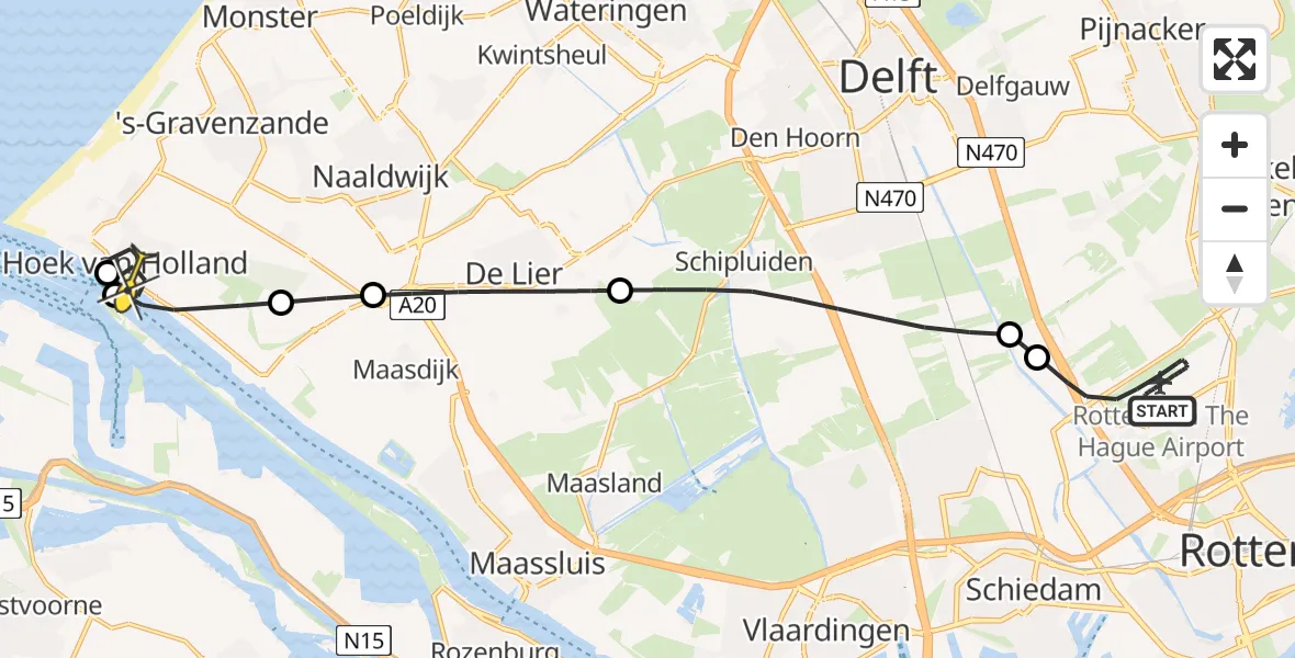 Routekaart van de vlucht: Kustwachthelikopter naar Hoek van Holland, Doenkadepad
