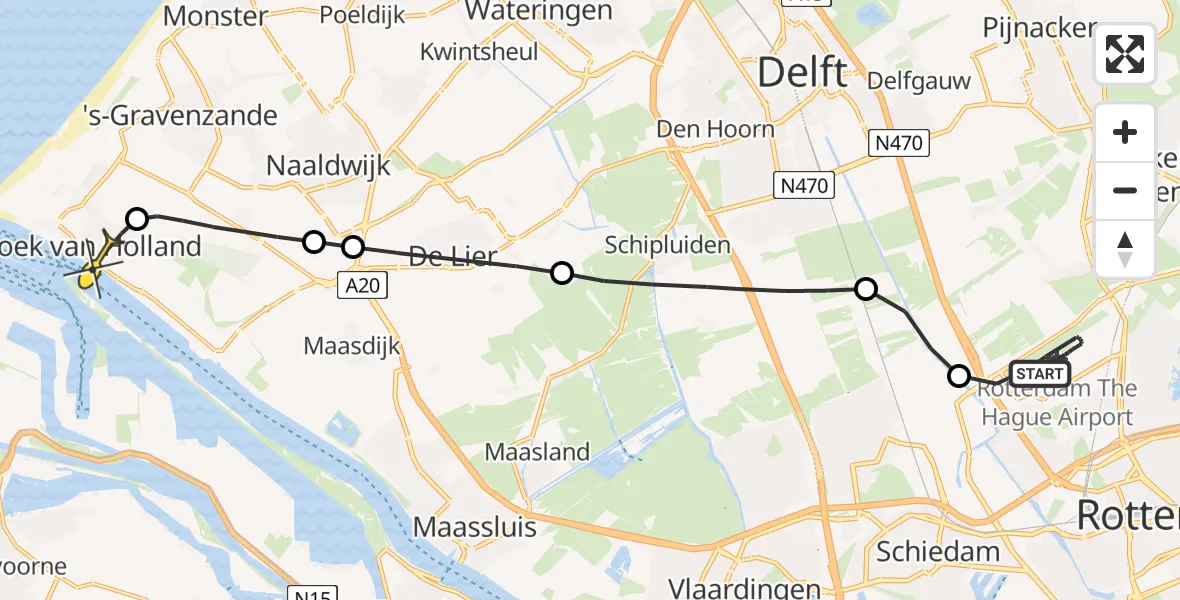 Routekaart van de vlucht: Kustwachthelikopter naar Hoek van Holland, Arlandabaan Platformzijde