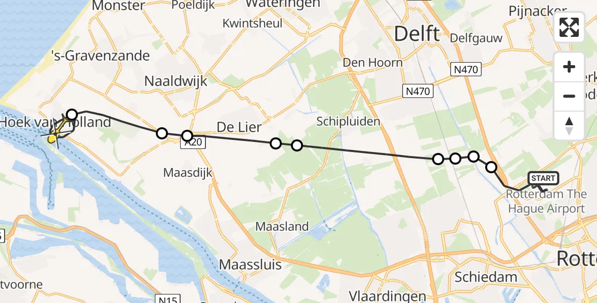 Routekaart van de vlucht: Kustwachthelikopter naar Hoek van Holland, Arlandabaan Platformzijde