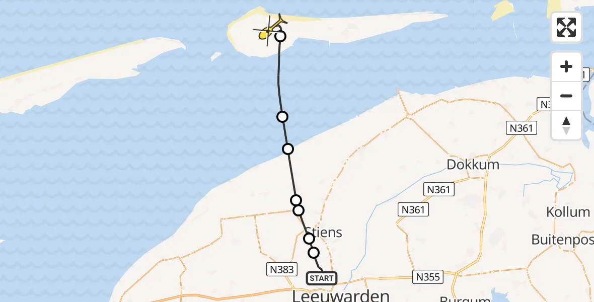 Routekaart van de vlucht: Ambulanceheli naar Ameland Airport Ballum, Keegsdijkje