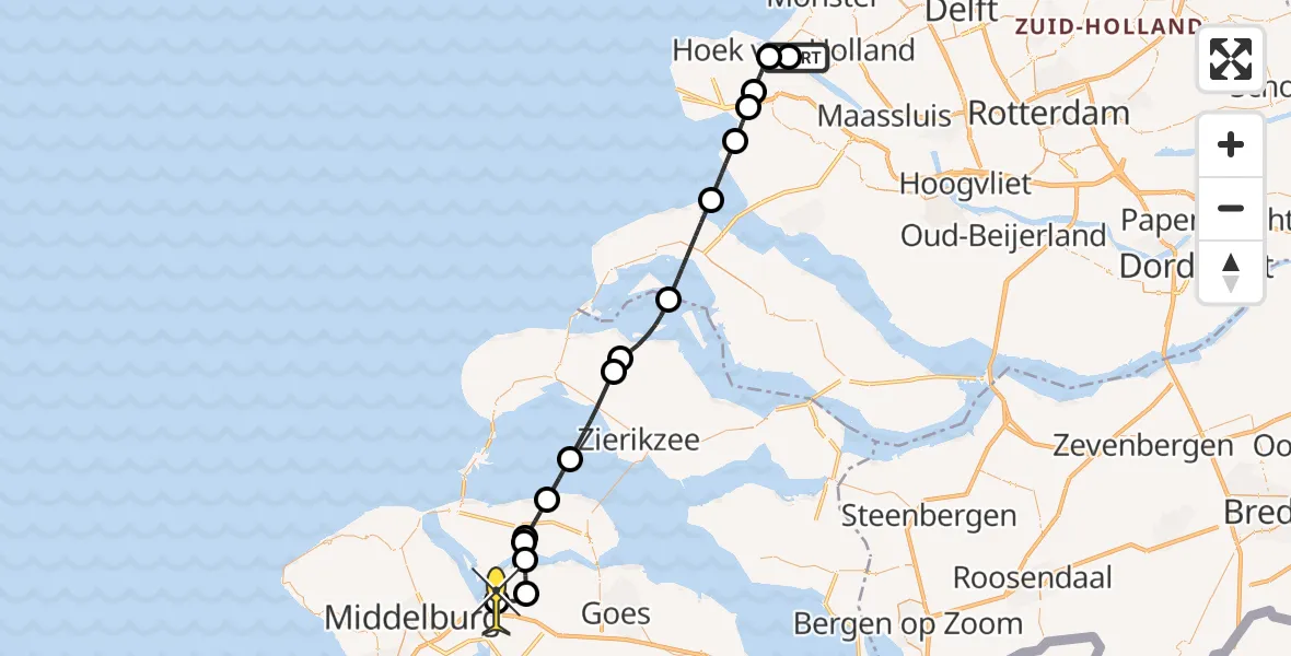Routekaart van de vlucht: Kustwachthelikopter naar Vliegveld Midden-Zeeland, Rotterdam Food Hub