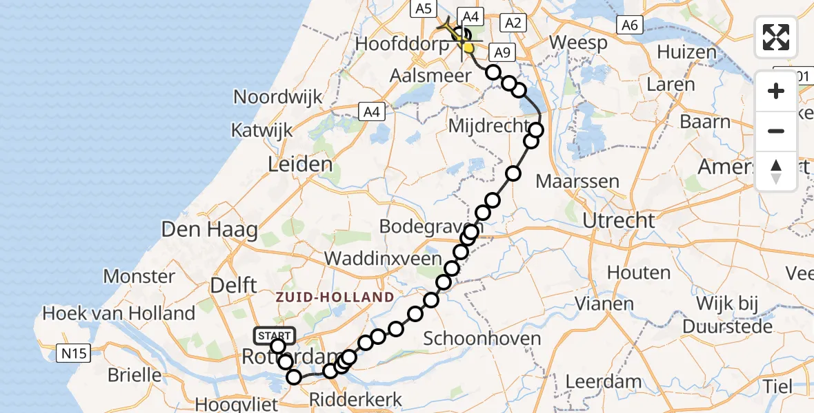 Vluchtroute Politiehelikopter van Rotterdam The Hague Airport naar Schiphol