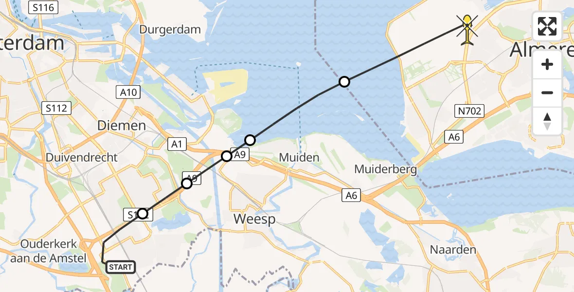 Routekaart van de vlucht: Lifeliner 1 naar Almere, Paasheuvelweg