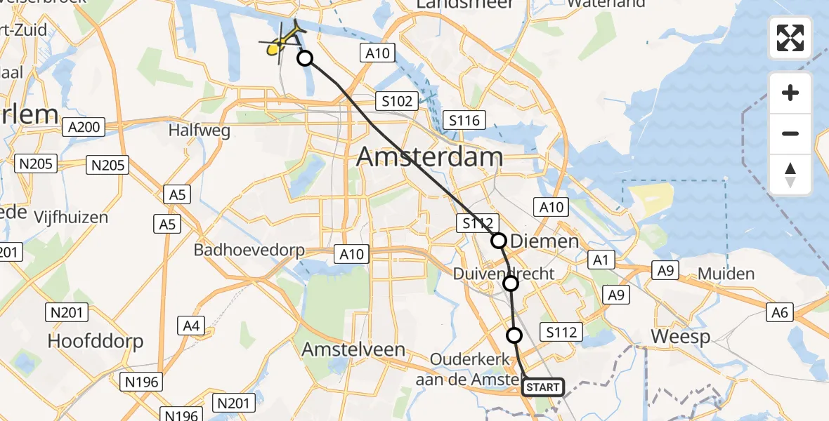 Routekaart van de vlucht: Lifeliner 1 naar Amsterdam Heliport, Snijdersbergweg