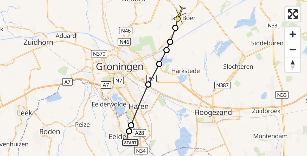 Routekaart van de vlucht: Lifeliner 4 naar Ten Boer, Burg. J.G. Legroweg