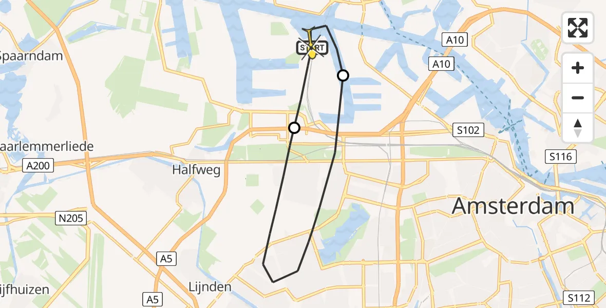 Routekaart van de vlucht: Lifeliner 1 naar Amsterdam Heliport, Nieuw-Zeelandweg