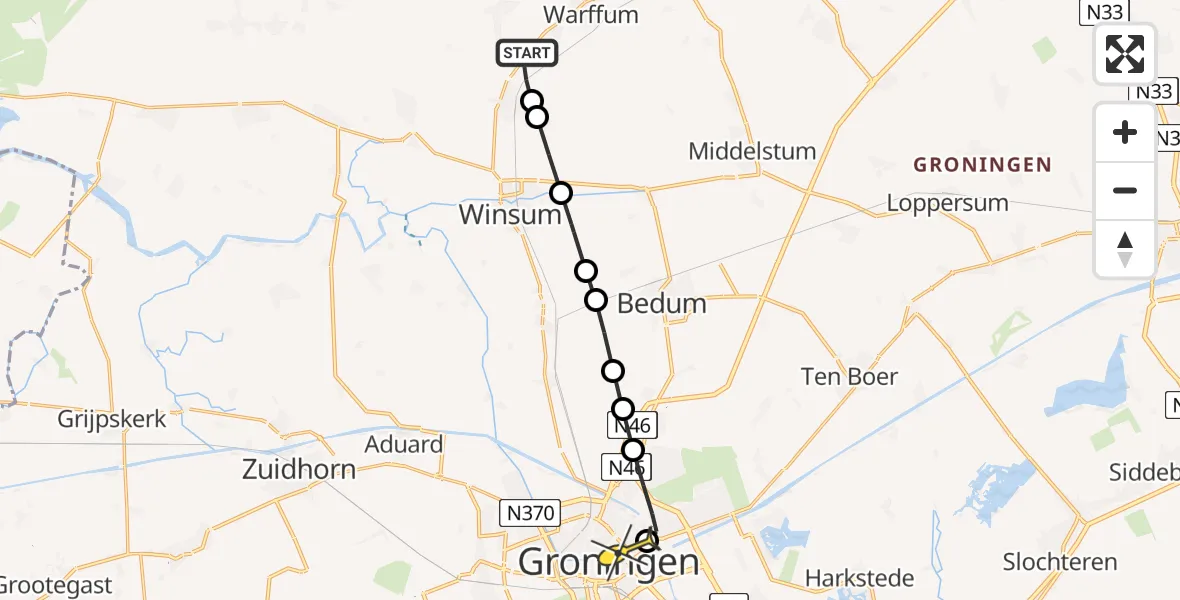 Routekaart van de vlucht: Lifeliner 4 naar Universitair Medisch Centrum Groningen, Andelstermaar
