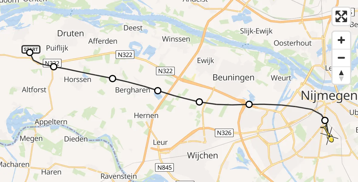 Routekaart van de vlucht: Lifeliner 3 naar Radboud Universitair Medisch Centrum, Zevent