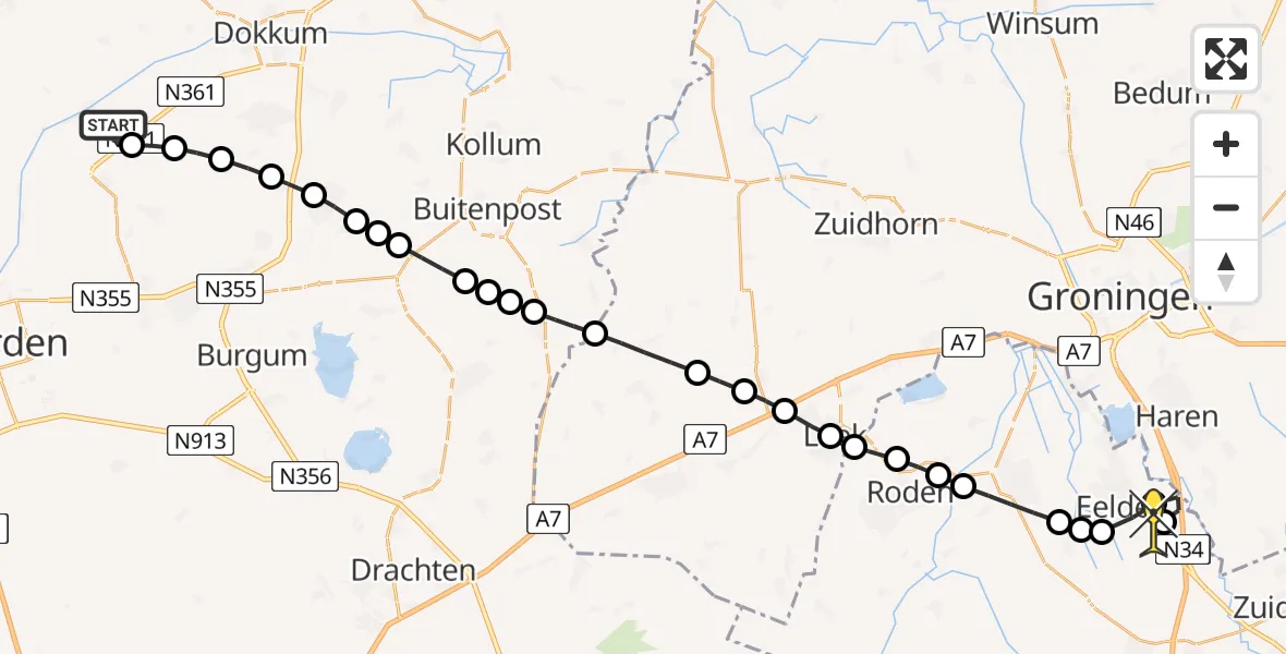 Routekaart van de vlucht: Lifeliner 4 naar Groningen Airport Eelde, Tuskendammen