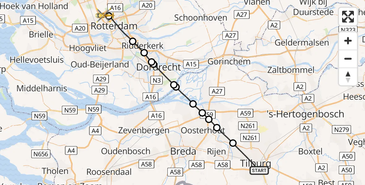 Vluchtroute Traumahelikopter Tilburg - Rotterdam The Hague Airport, 06 juni 2025, 07:10
