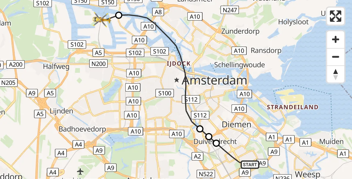 Vluchtroute Traumahelikopter Amsterdam - Amsterdam Heliport, 06 juni 2025, 08:02