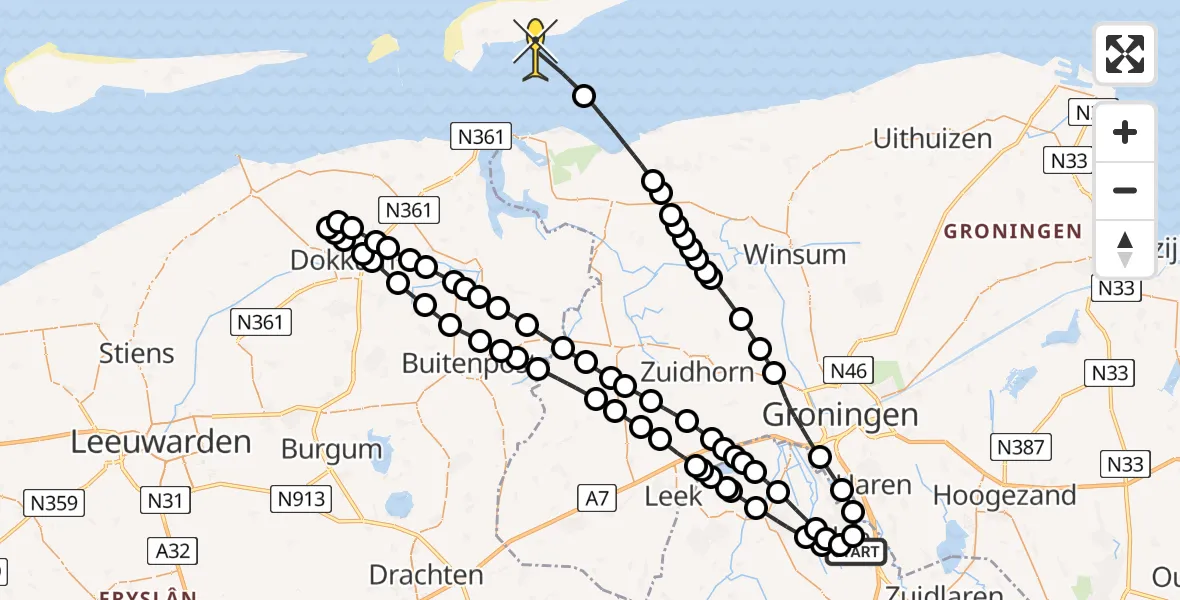 Routekaart van de vlucht: Lifeliner 4 naar Schiermonnikoog, Molenweg