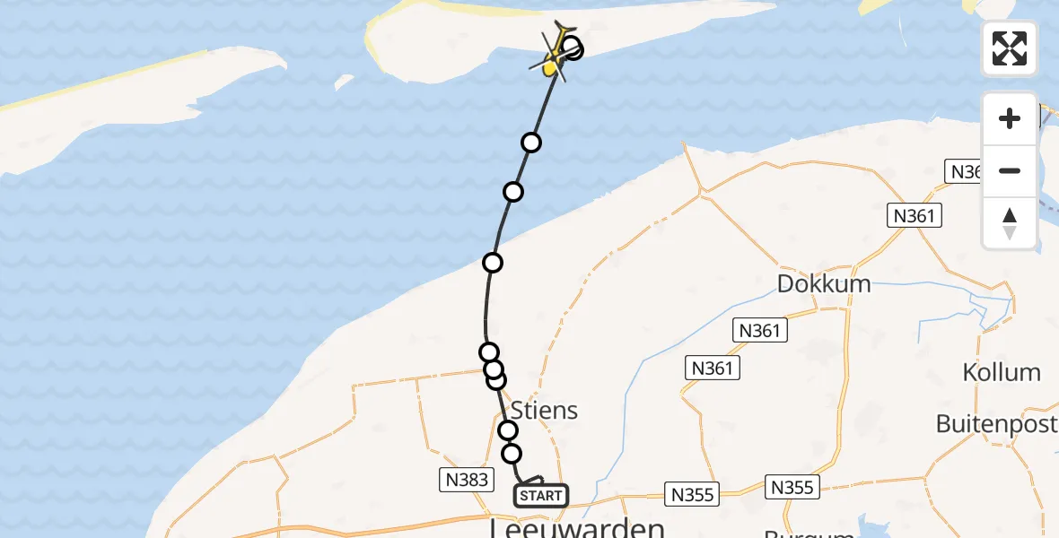 Routekaart van de vlucht: Ambulancehelikopter naar Nes, Keegsdijkje