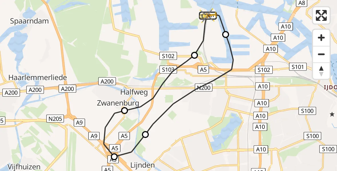 Vluchtroute Traumahelikopter Amsterdam Heliport - Amsterdam Heliport, 06 juni 2025, 09:51