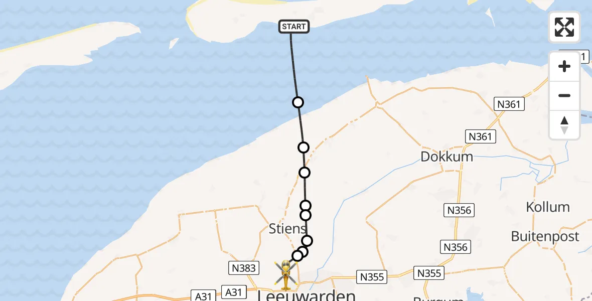 Vluchtroute Ambulancehelikopter Nes - Vliegbasis Leeuwarden, 06 juni 2025, 10:02