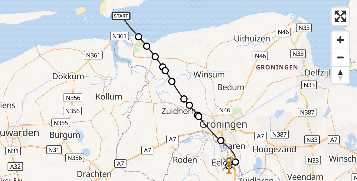 Vluchtroute Traumahelikopter Schiermonnikoog - Groningen Airport Eelde, 06 juni 2025, 10:07