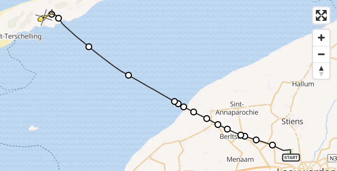 Routekaart van de vlucht: Ambulanceheli naar Midsland, Keegsdijkje
