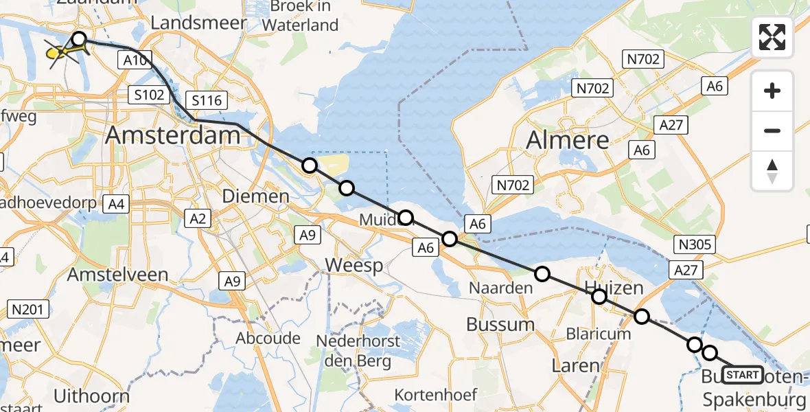Routekaart van de vlucht: Lifeliner 1 naar Amsterdam Heliport, Frans Jacobsweg