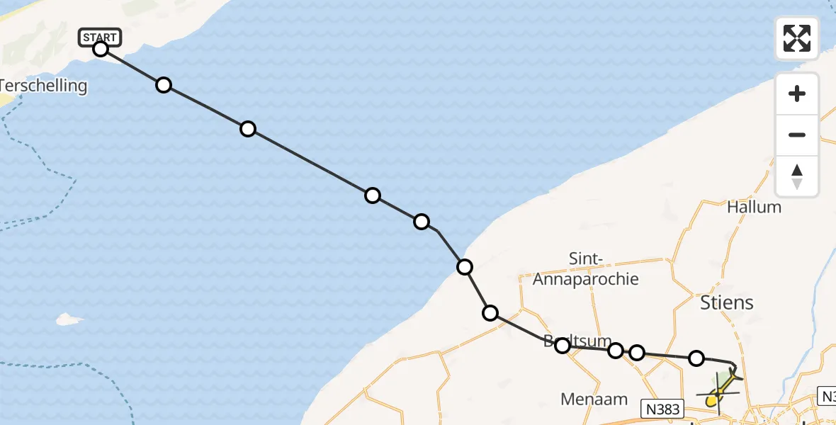 Routekaart van de vlucht: Ambulanceheli naar Vliegbasis Leeuwarden, Keegsdijkje