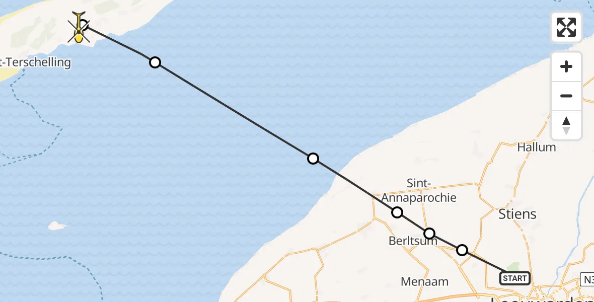 Routekaart van de vlucht: Ambulancehelikopter naar Midsland, Langestraat