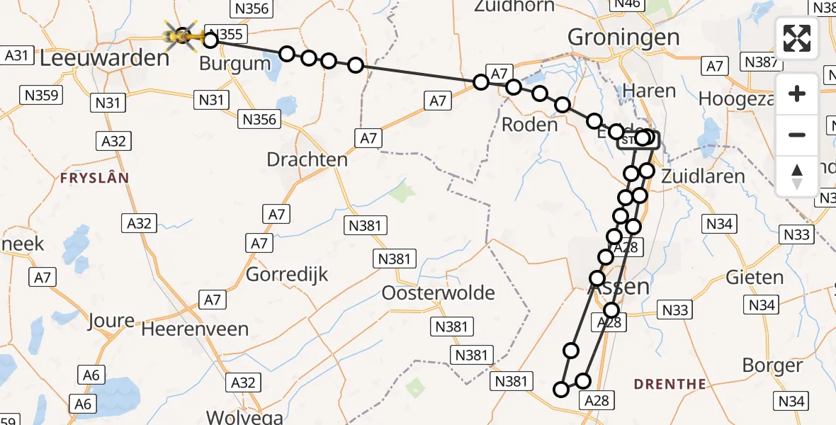 Vluchtroute Traumahelikopter Groningen Airport Eelde - Ryptsjerk, 06 juni 2025, 16:35