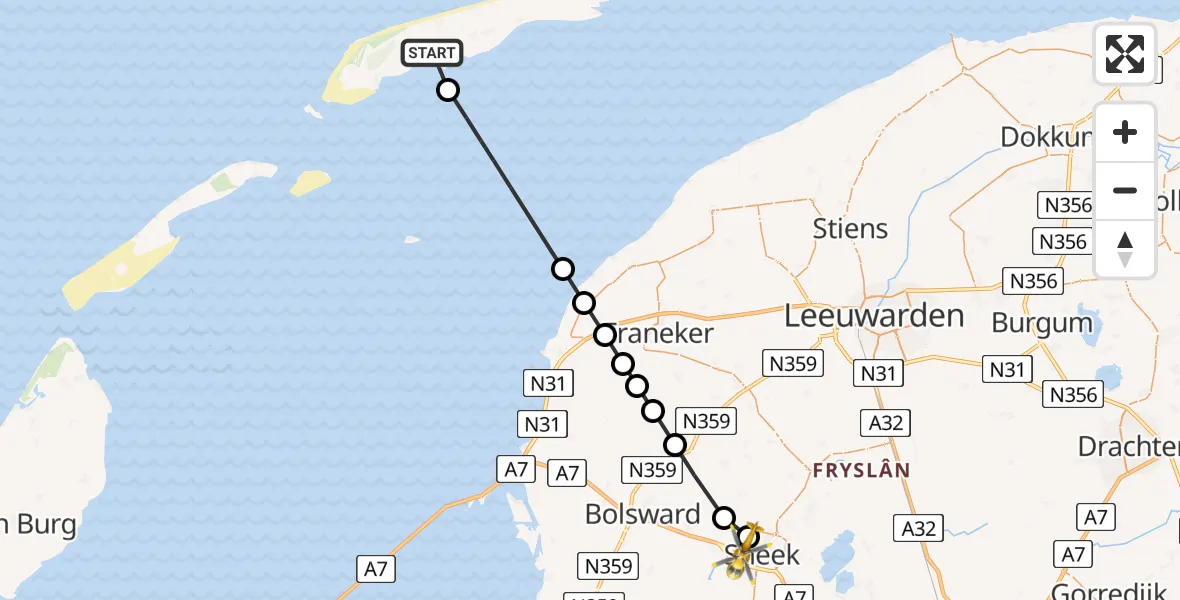 Vluchtroute Ambulancehelikopter Midsland - Sneek, 06 juni 2025, 16:51