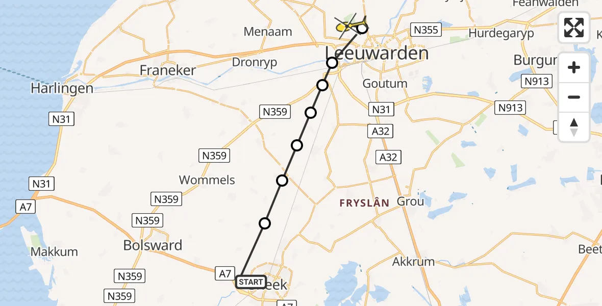 Routekaart van de vlucht: Ambulancehelikopter naar Vliegbasis Leeuwarden, Aldrij