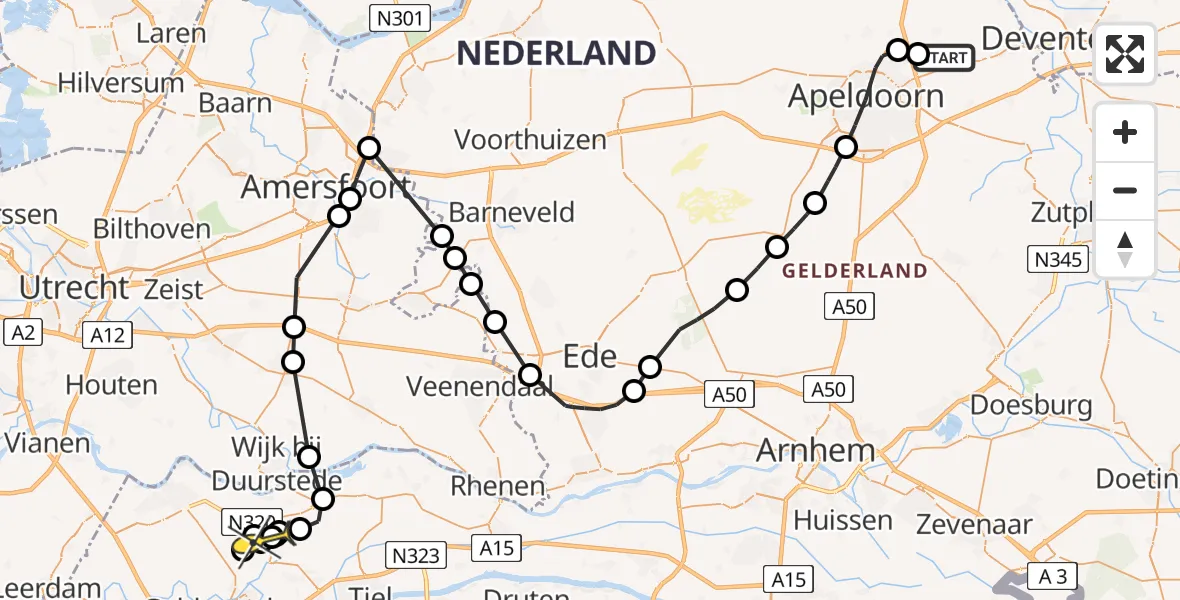 Vluchtroute Politiehelikopter van Vliegveld Teuge naar Asch