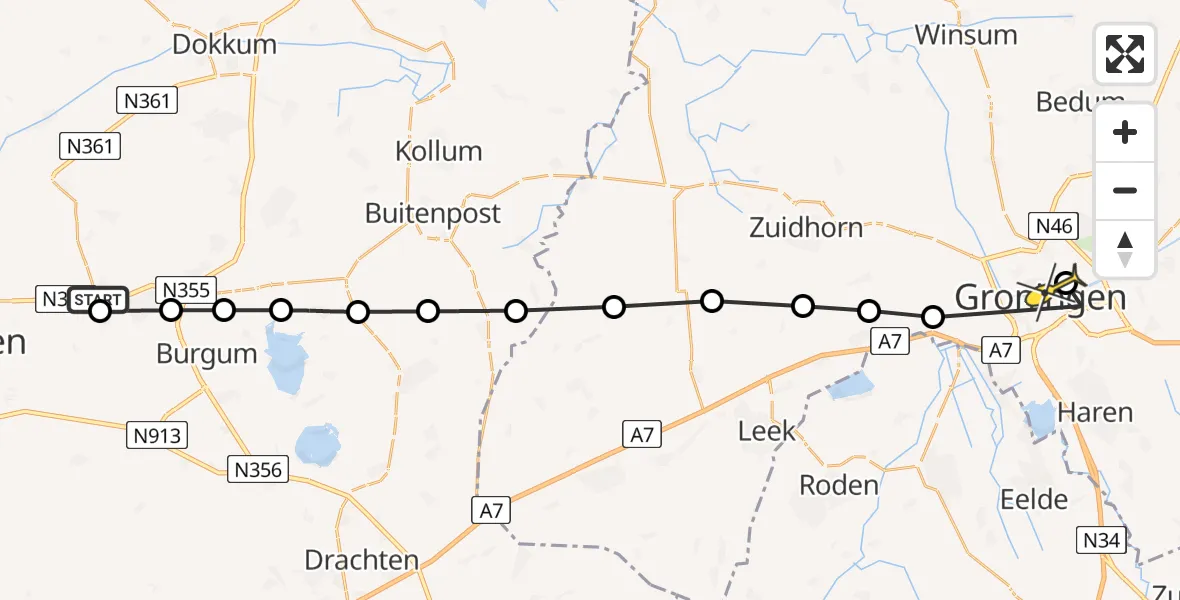 Routekaart van de vlucht: Lifeliner 4 naar Universitair Medisch Centrum Groningen, Sintrale As