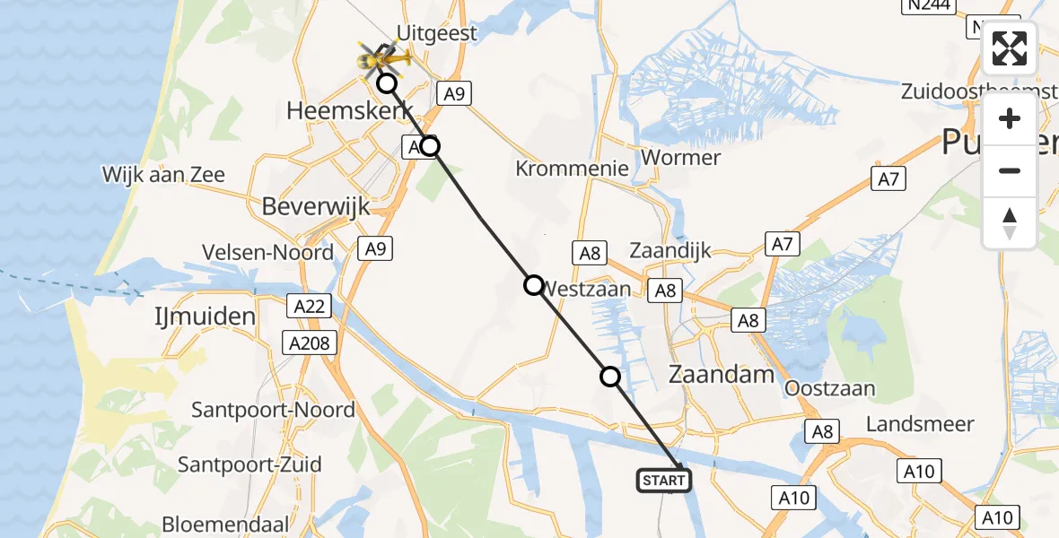 Vluchtroute Traumahelikopter Amsterdam Heliport - Heemskerk, 06 juni 2025, 20:44