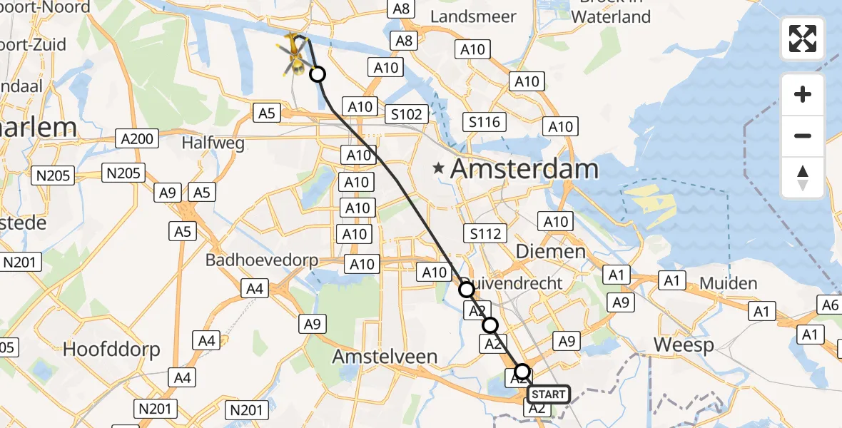 Vluchtroute Traumahelikopter Academisch Medisch Centrum (AMC) - Amsterdam Heliport, 06 juni 2025, 21:55