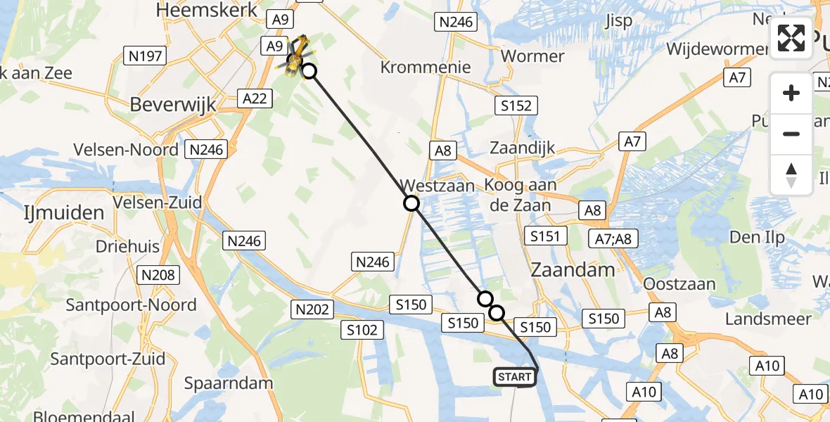 Vluchtroute Traumahelikopter Amsterdam Heliport - Uitgeest, 06 juni 2025, 22:16