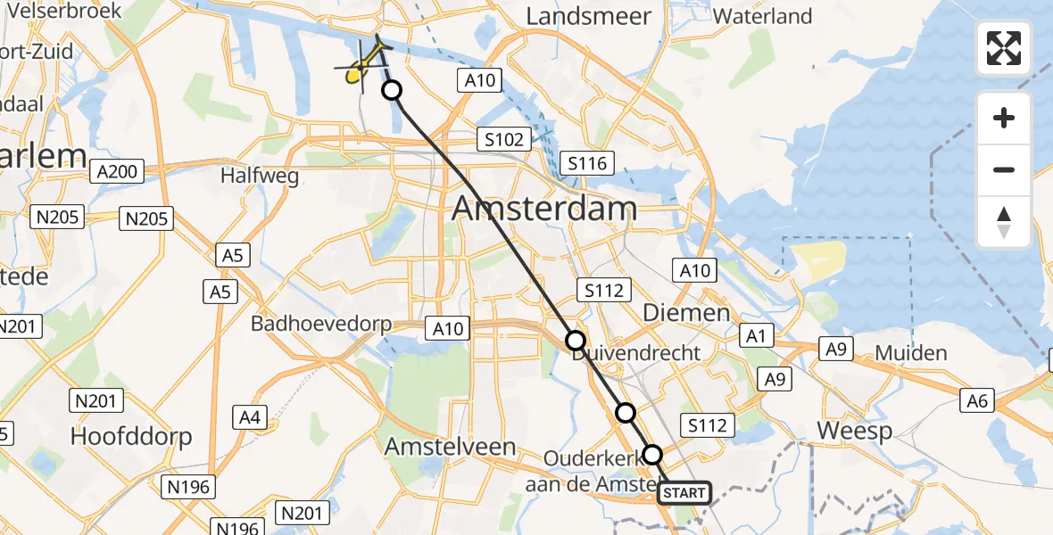 Routekaart van de vlucht: Lifeliner 1 naar Amsterdam Heliport, Schurenbergweg