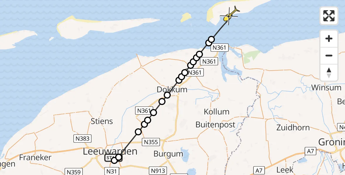 Routekaart van de vlucht: Ambulanceheli naar Schiermonnikoog, Dobbehôf