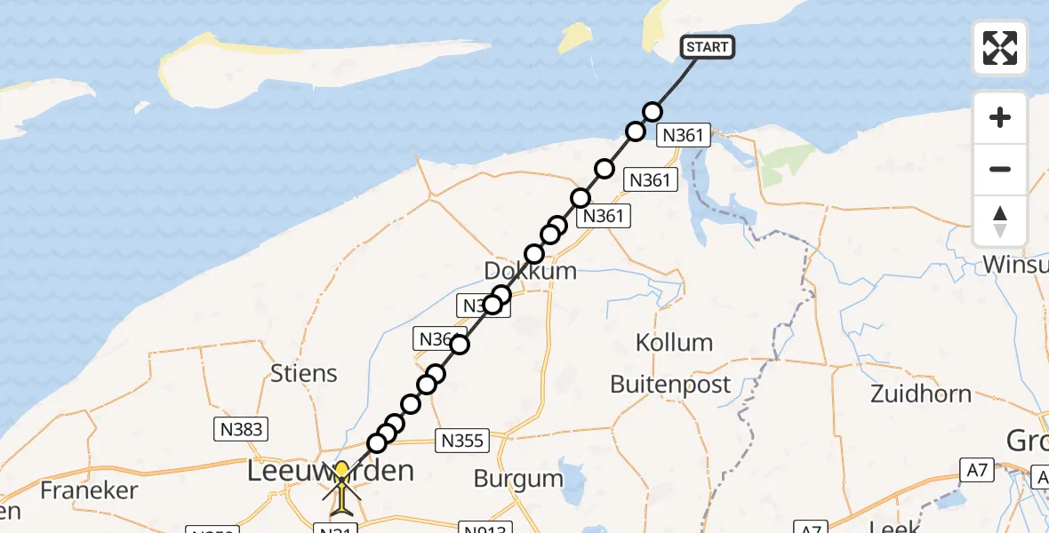 Routekaart van de vlucht: Ambulancehelikopter naar Leeuwarden, Piebe