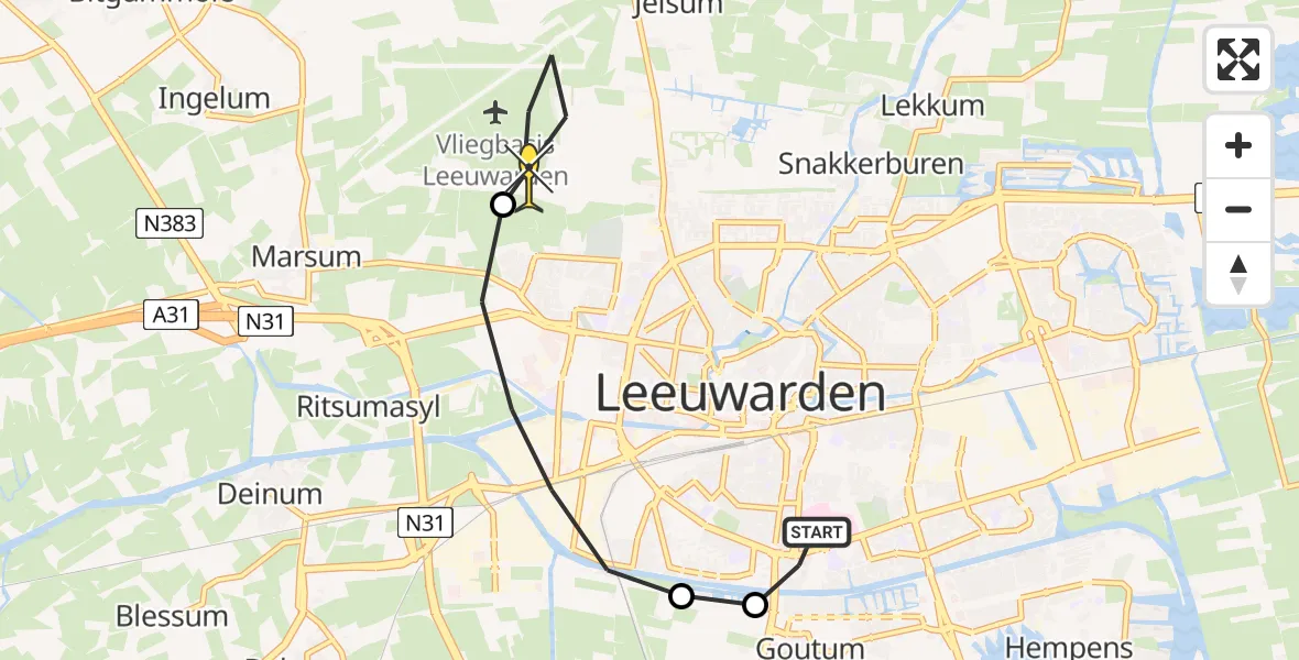 Routekaart van de vlucht: Ambulanceheli naar Vliegbasis Leeuwarden, Boksumerdyk