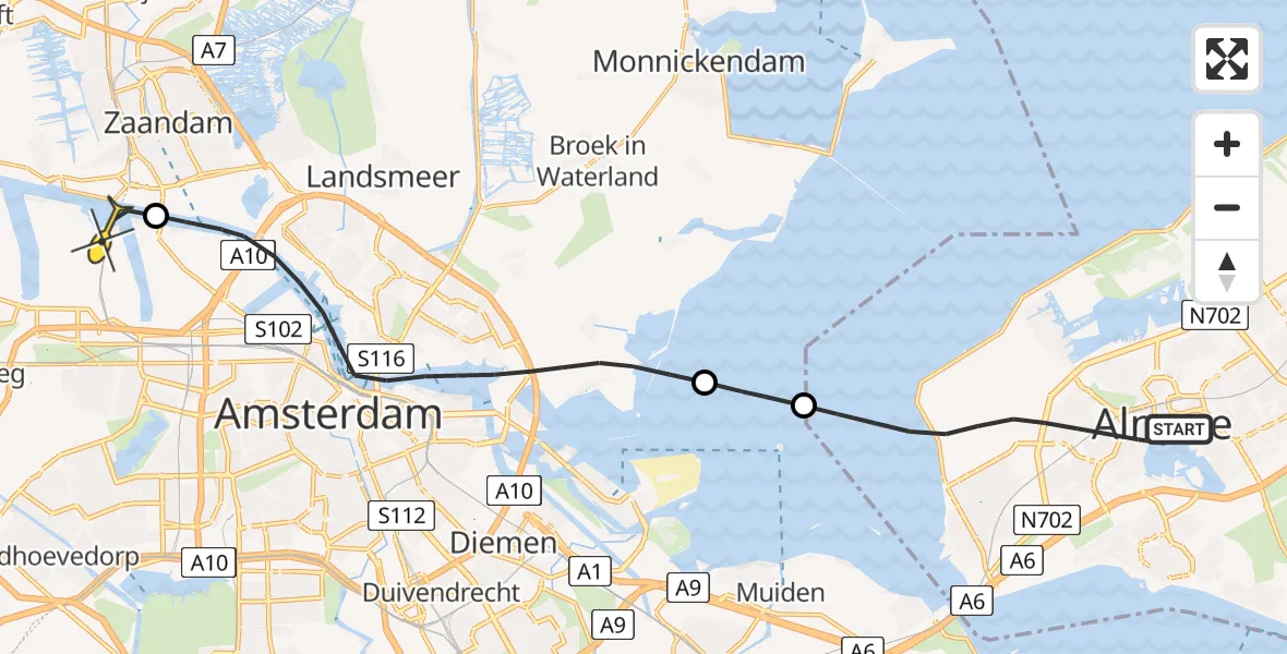 Routekaart van de vlucht: Lifeliner 1 naar Amsterdam Heliport, Hoornstraat