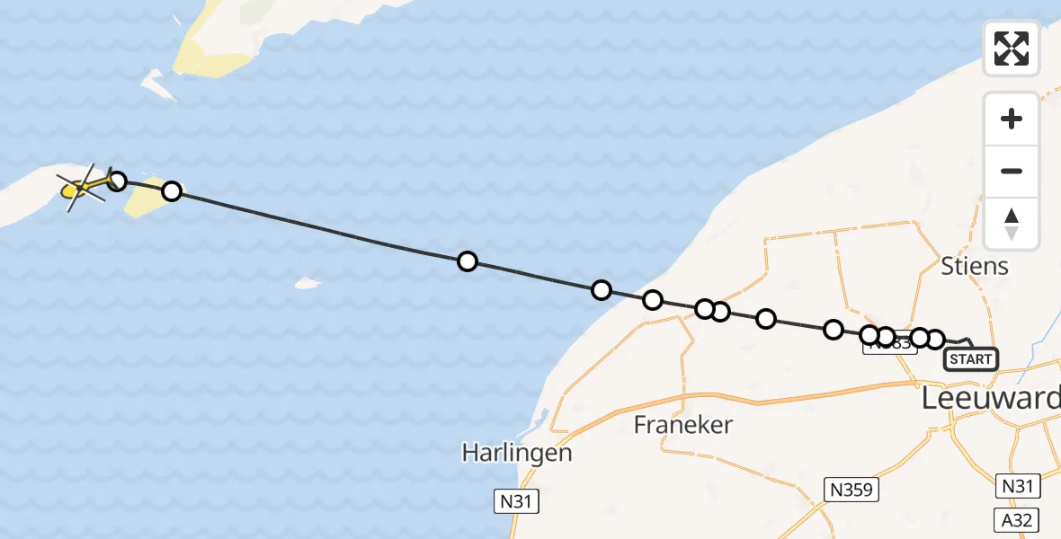 Routekaart van de vlucht: Ambulancehelikopter naar Vlieland Heliport, Buitengebied Noordwest