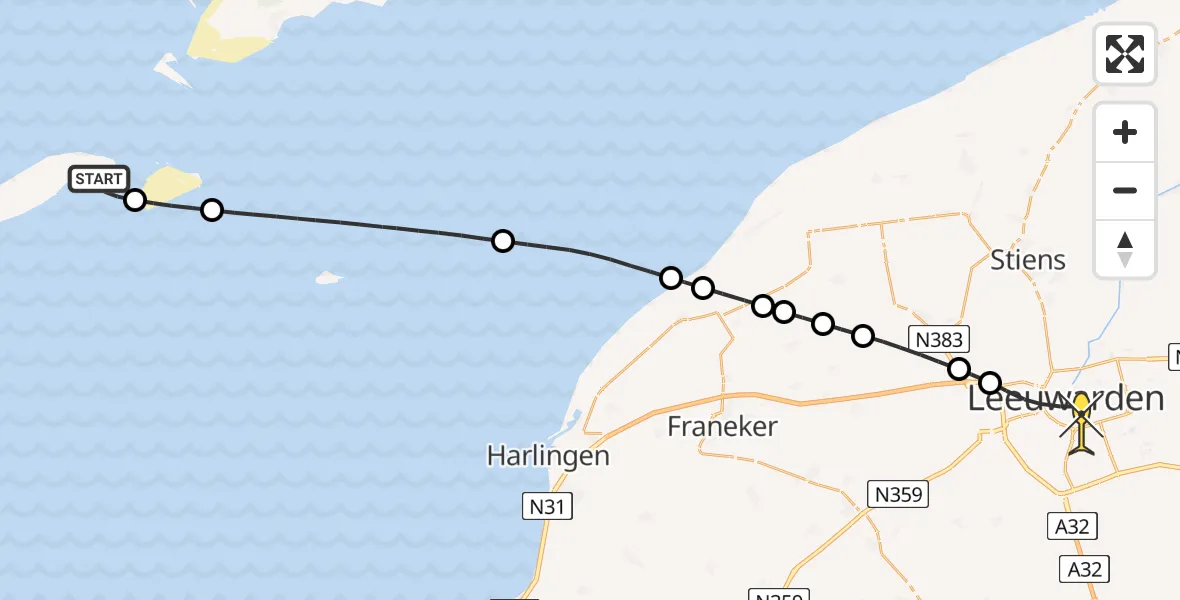 Routekaart van de vlucht: Ambulancehelikopter naar Leeuwarden, Haven Vlieland