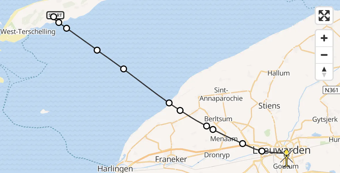 Routekaart van de vlucht: Ambulancehelikopter naar Leeuwarden, Kinnum