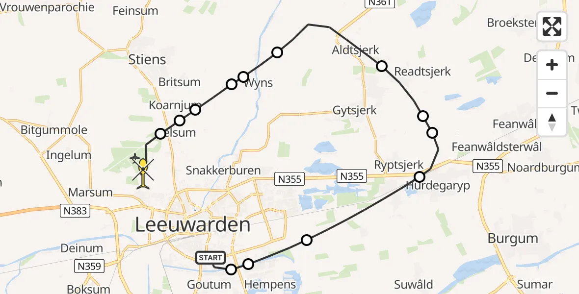 Routekaart van de vlucht: Ambulanceheli naar Vliegbasis Leeuwarden, De Eker
