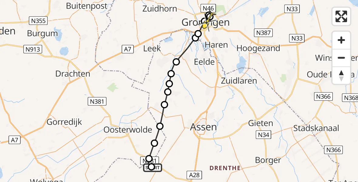 Routekaart van de vlucht: Lifeliner 4 naar Universitair Medisch Centrum Groningen, De Tillegröppe