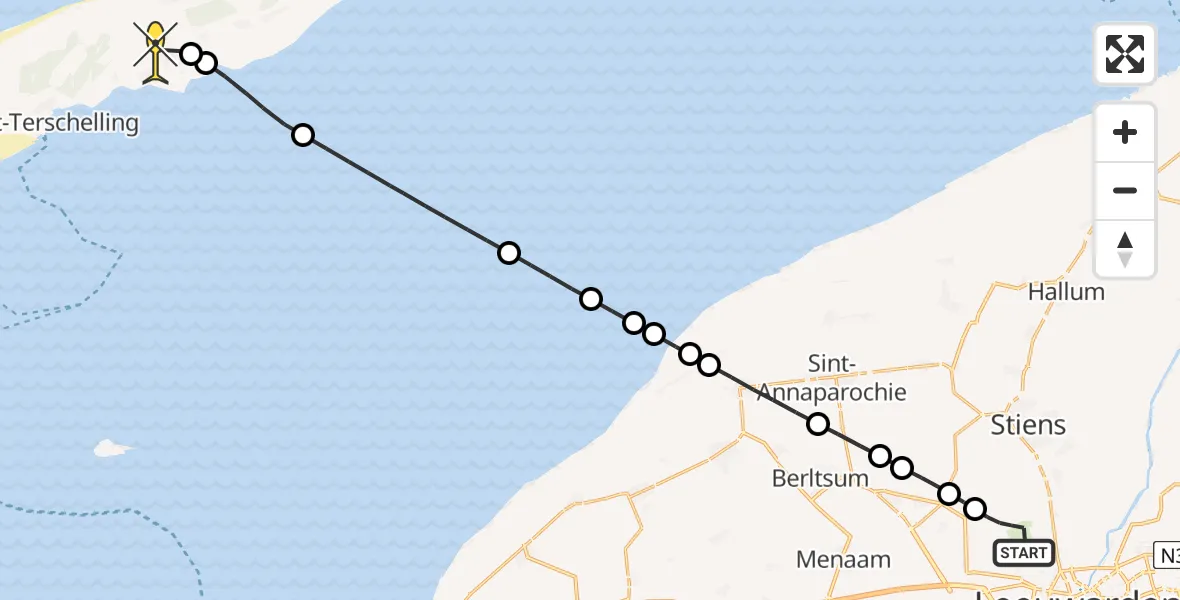 Routekaart van de vlucht: Ambulanceheli naar Midsland, Buitengebied Noordwest