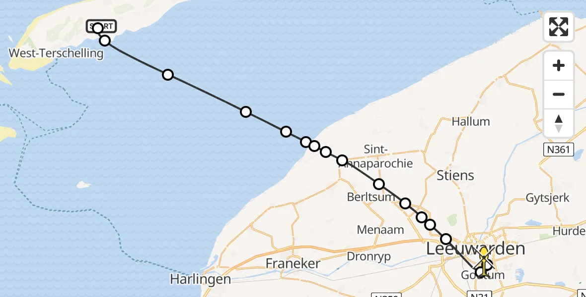 Routekaart van de vlucht: Ambulancehelikopter naar Leeuwarden, Baaiduinen