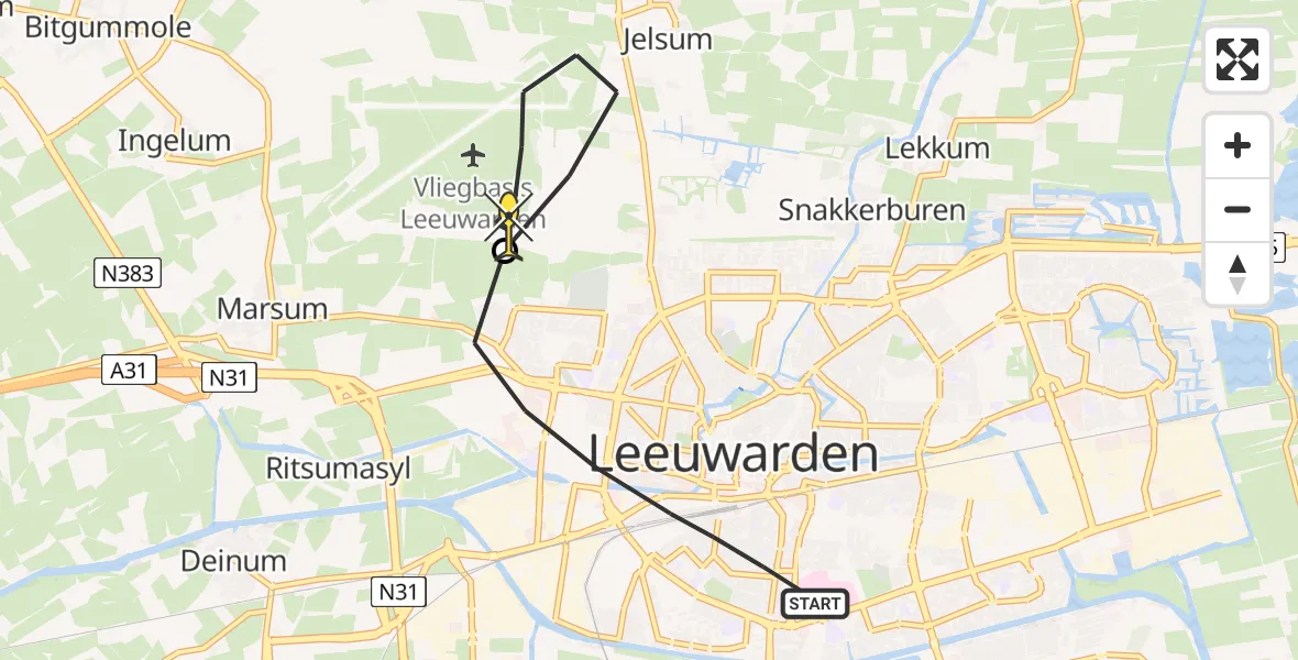 Routekaart van de vlucht: Ambulanceheli naar Vliegbasis Leeuwarden, Jan Lievensstraat
