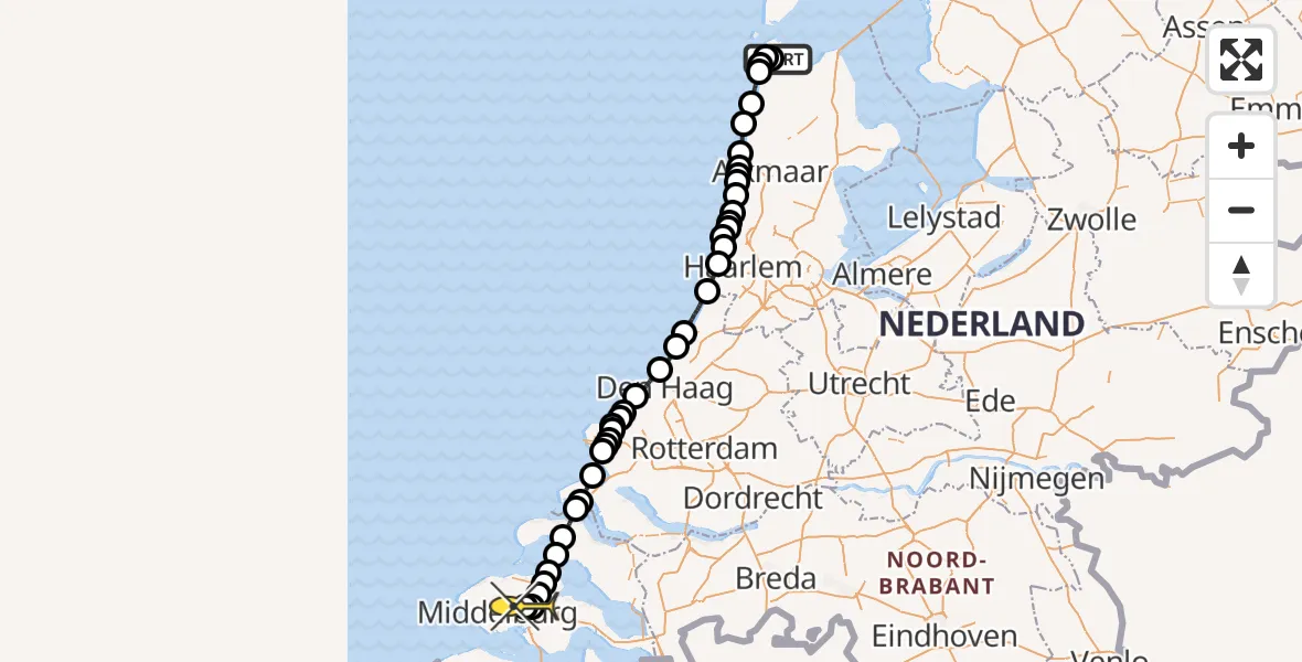 Routekaart van de vlucht: Kustwachthelikopter naar Vliegveld Midden-Zeeland, Middenvliet